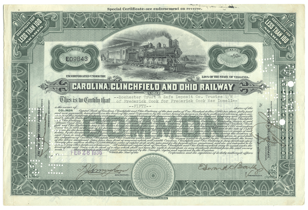 Carolina, Clinchfield and Ohio Railway common stock certificate