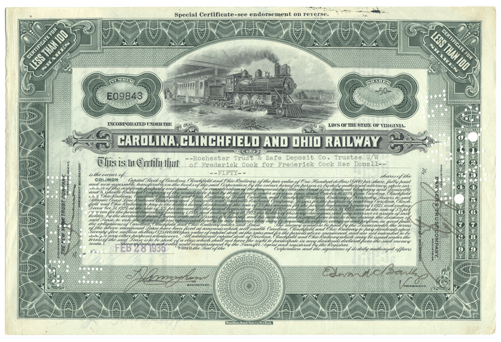 Carolina, Clinchfield and Ohio Railway common stock certificate
