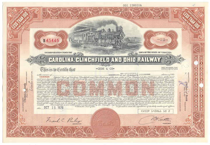 Carolina, Clinchfield and Ohio Railway Stock Certificate