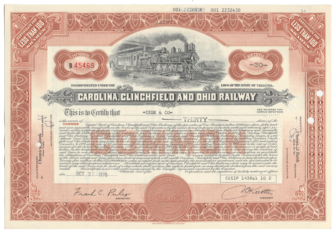 Vintage Carolina, Clinchfield and Ohio Railway certificate with train illustration