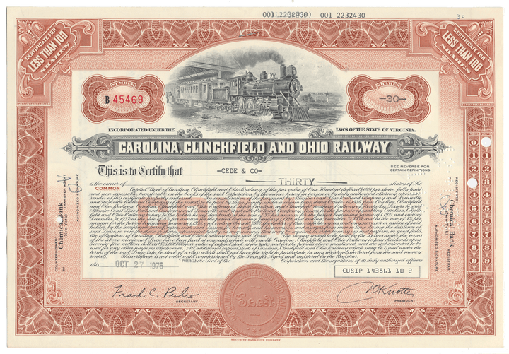 Vintage Carolina, Clinchfield and Ohio Railway certificate with train illustration