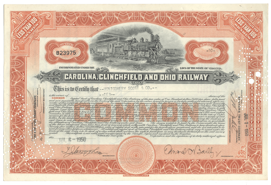 Vintage stock certificate for Carolina, Clinchfield and Ohio Railway with train illustration