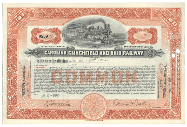 Vintage stock certificate for Carolina, Clinchfield and Ohio Railway with train illustration
