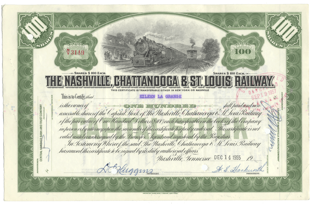 Historical stock certificate for the Nashville, Chattanooga & St. Louis Railway with green border and train illustration.