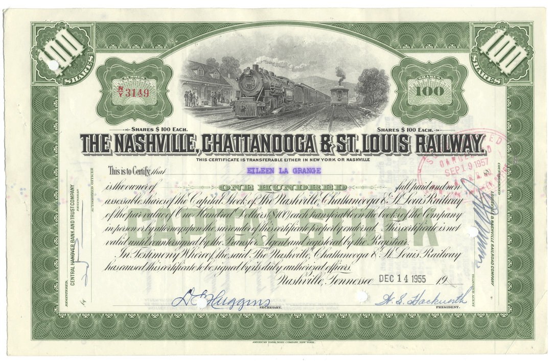 Historical stock certificate for the Nashville, Chattanooga & St. Louis Railway with green border and train illustration.
