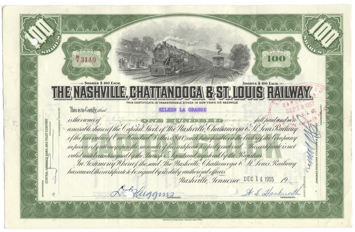 Historical stock certificate for the Nashville, Chattanooga & St. Louis Railway with green border and train illustration.