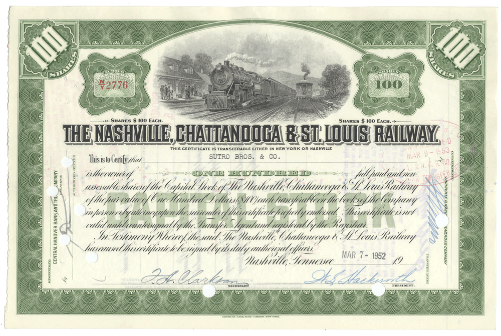 Nashville, Chattanooga & St. Louis Railway stock certificate with train illustration