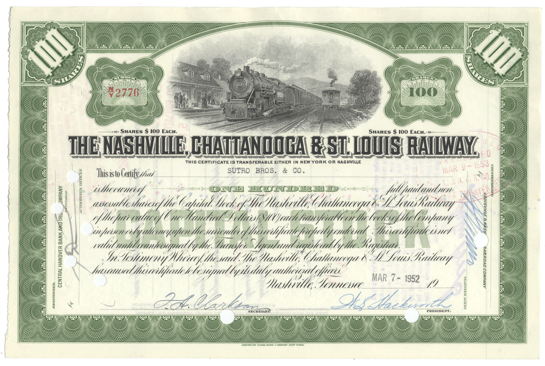 Nashville, Chattanooga & St. Louis Railway stock certificate with train illustration