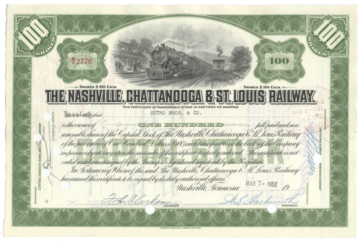 Nashville, Chattanooga & St. Louis Railway stock certificate with train illustration