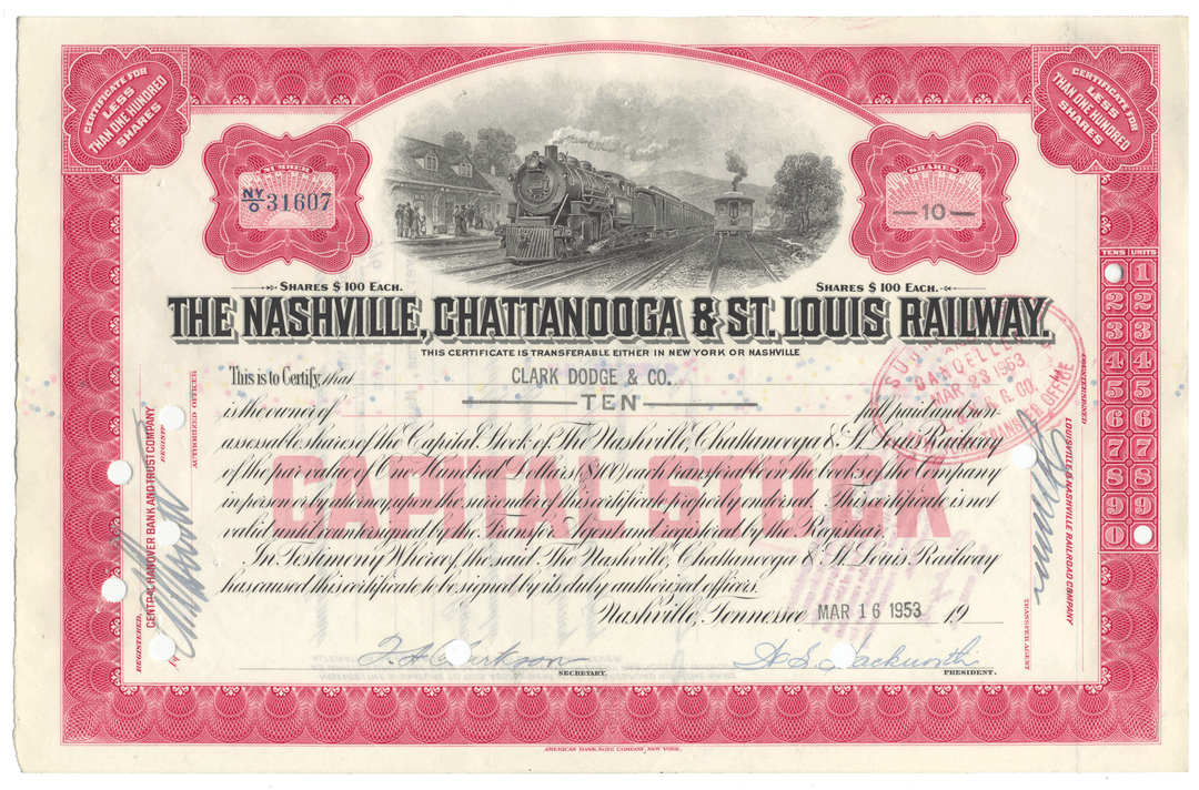 Vintage stock certificate for the Nashville, Chattanooga & St. Louis Railway with a red border and steam locomotive illustration.