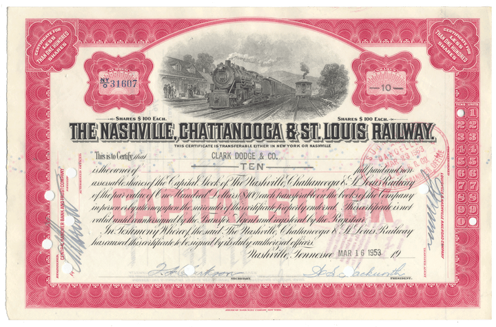 Vintage stock certificate for the Nashville, Chattanooga & St. Louis Railway with a red border and steam locomotive illustration.