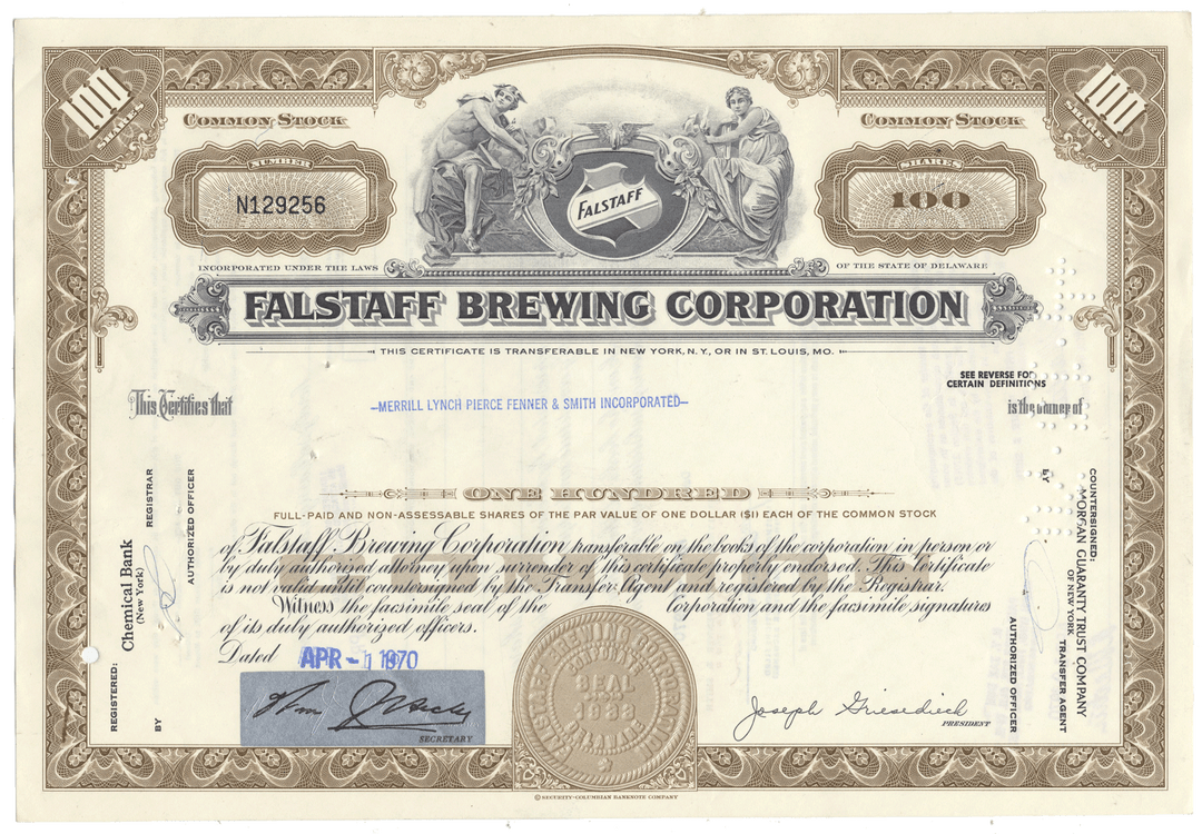 Falstaff Brewing Corporation stock certificate from 1970