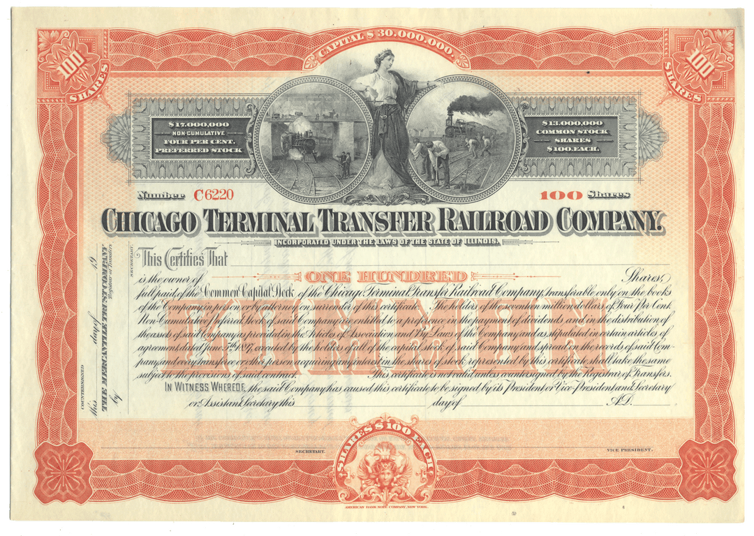 Chicago Terminal Transfer Railroad Company antique stock certificate circa 1890s