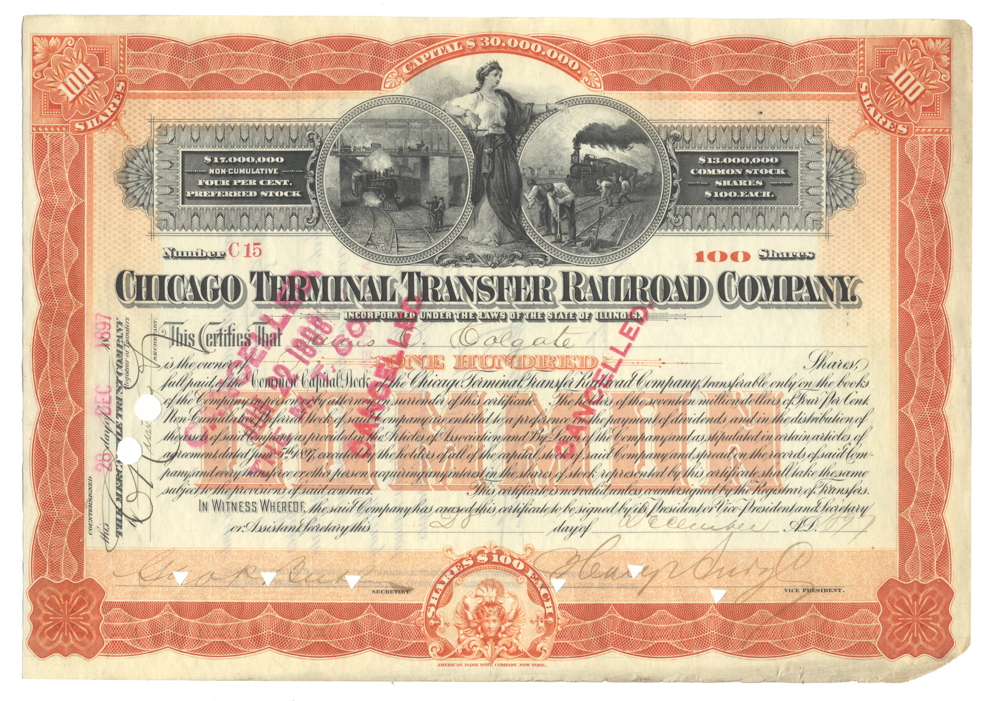 Vintage stock certificate of the Chicago Terminal Transfer Railroad Company with decorative elements and text from 1897