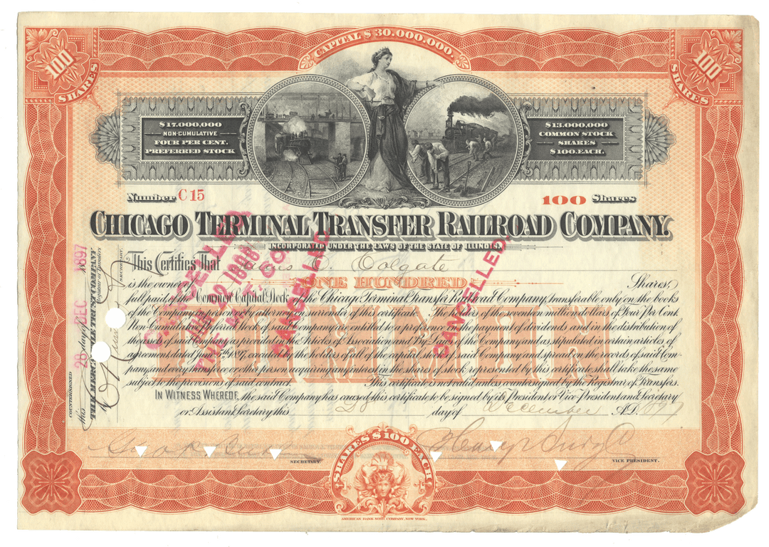 Vintage stock certificate of the Chicago Terminal Transfer Railroad Company with decorative elements and text from 1897