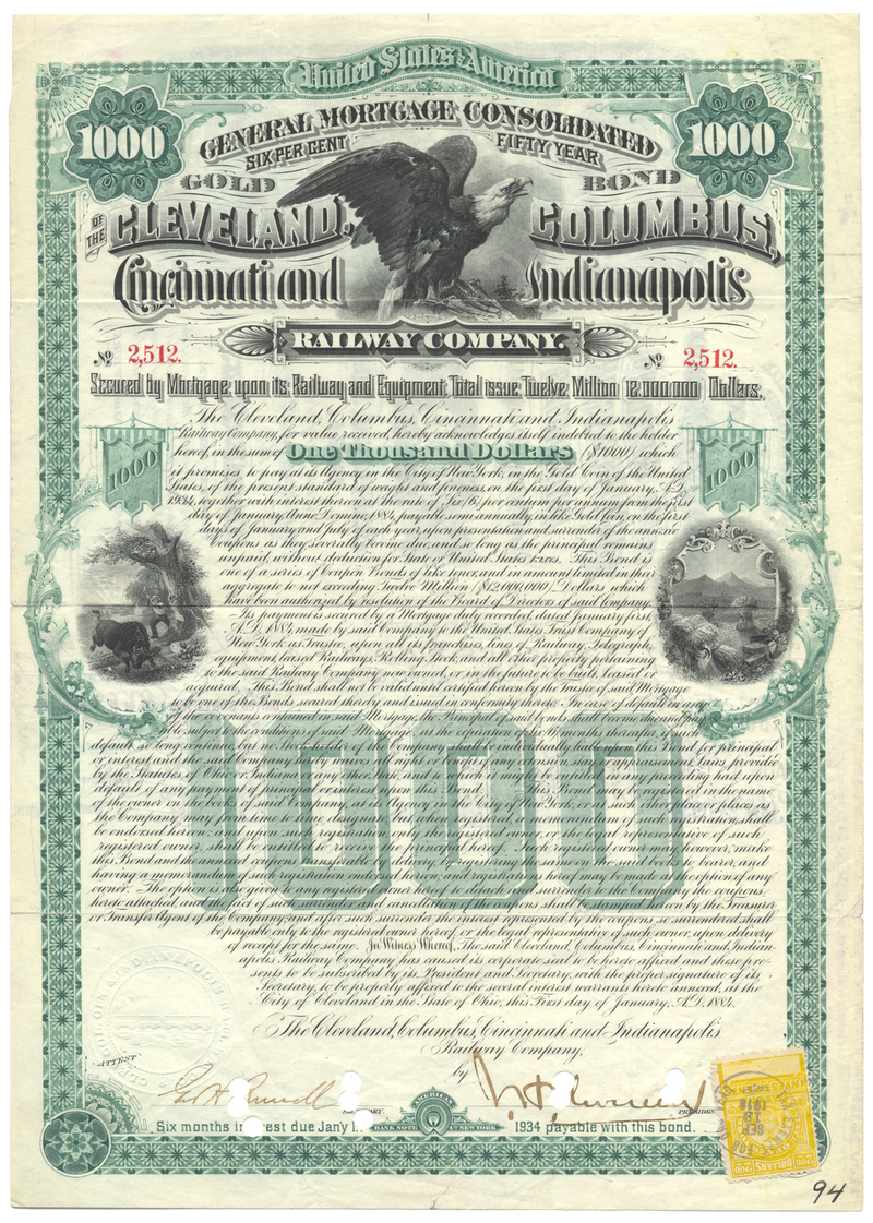 Cleveland, Columbus, Cincinnati and Indianapolis Railway Company Bond Certificate Signed by John Henry Devereaux