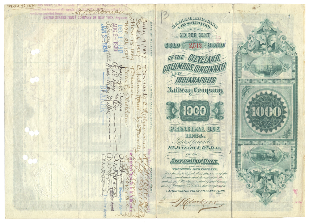 Cleveland, Columbus, Cincinnati and Indianapolis Railway Company Bond Certificate Signed by John Henry Devereaux