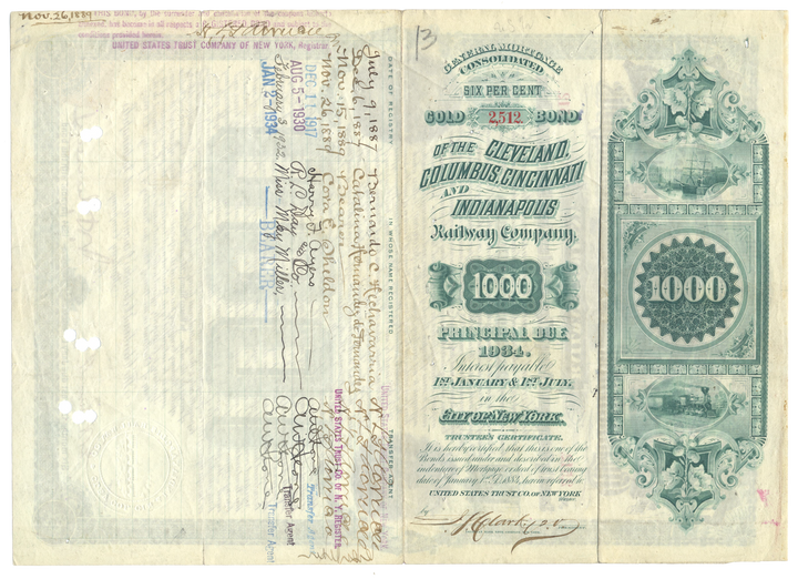 Cleveland, Columbus, Cincinnati and Indianapolis Railway Company Bond Certificate Signed by John Henry Devereaux