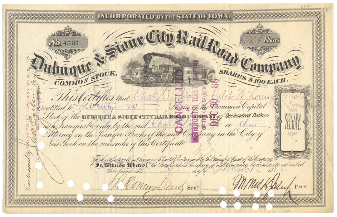 Dubuque & Sioux City Rail Road Company Stock Certificate Signed by Morris K. Jessup