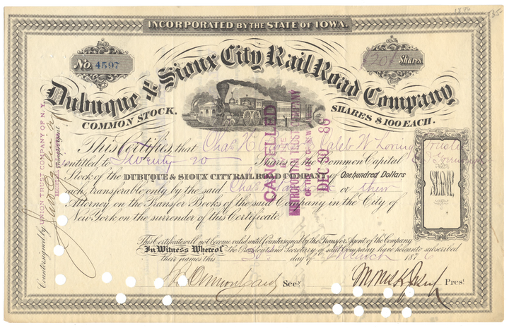 Dubuque & Sioux City Rail Road Company Stock Certificate Signed by Morris K. Jessup