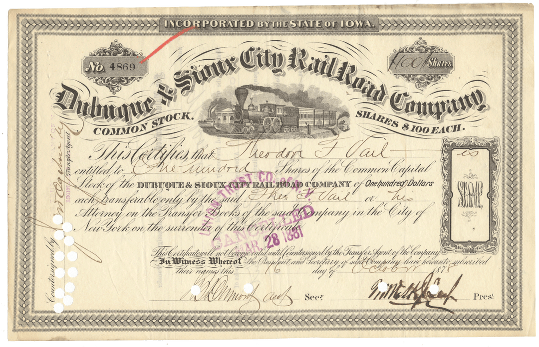 Dubuque & Sioux City Rail Road Company Stock Certificate Signed by Morris K. Jessup