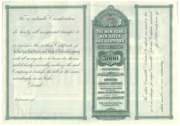 New York, New Haven and Hartford Railroad Company Bond Certificate