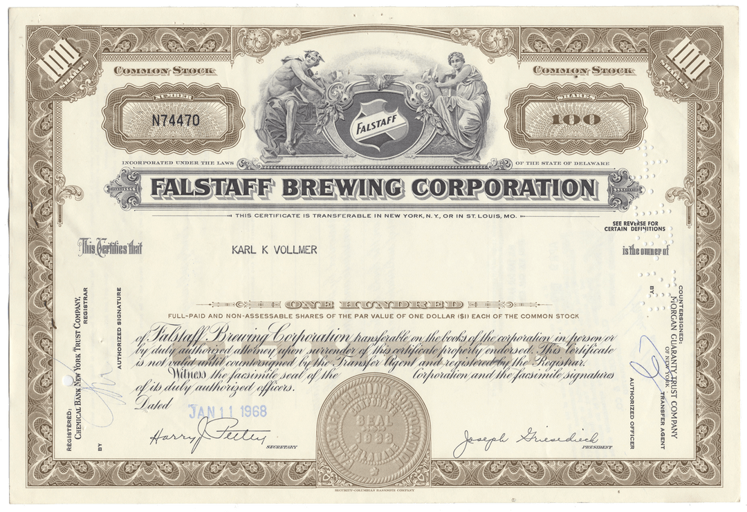 A vintage Falstaff Brewing Corporation stock certificate from 1968