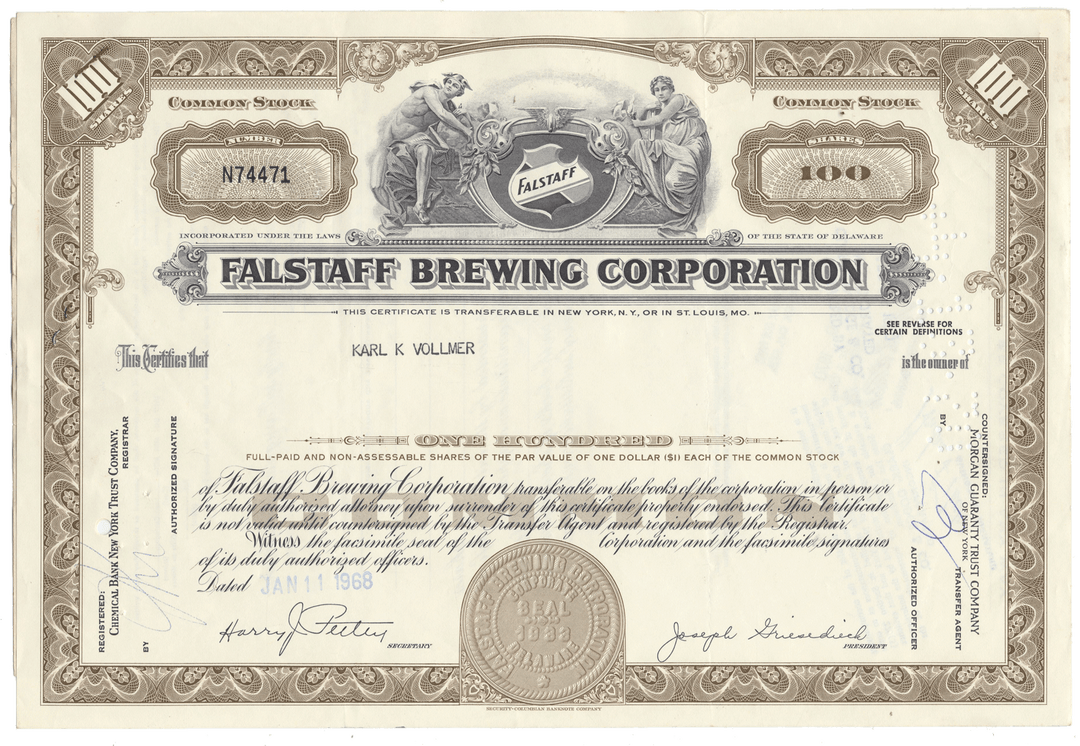 Falstaff Brewing Corporation stock certificate from 1968