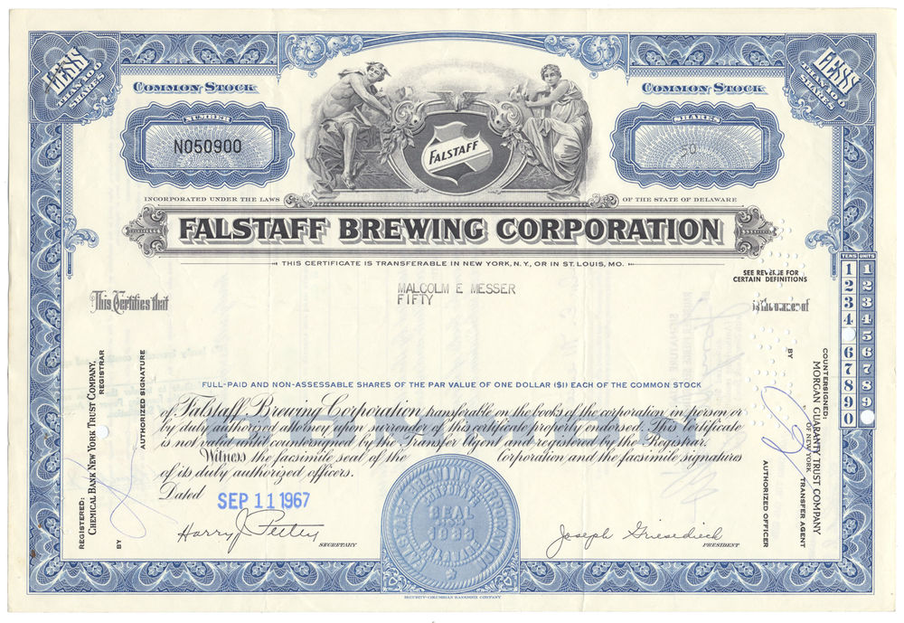Falstaff Brewing Corporation Stock Certificate