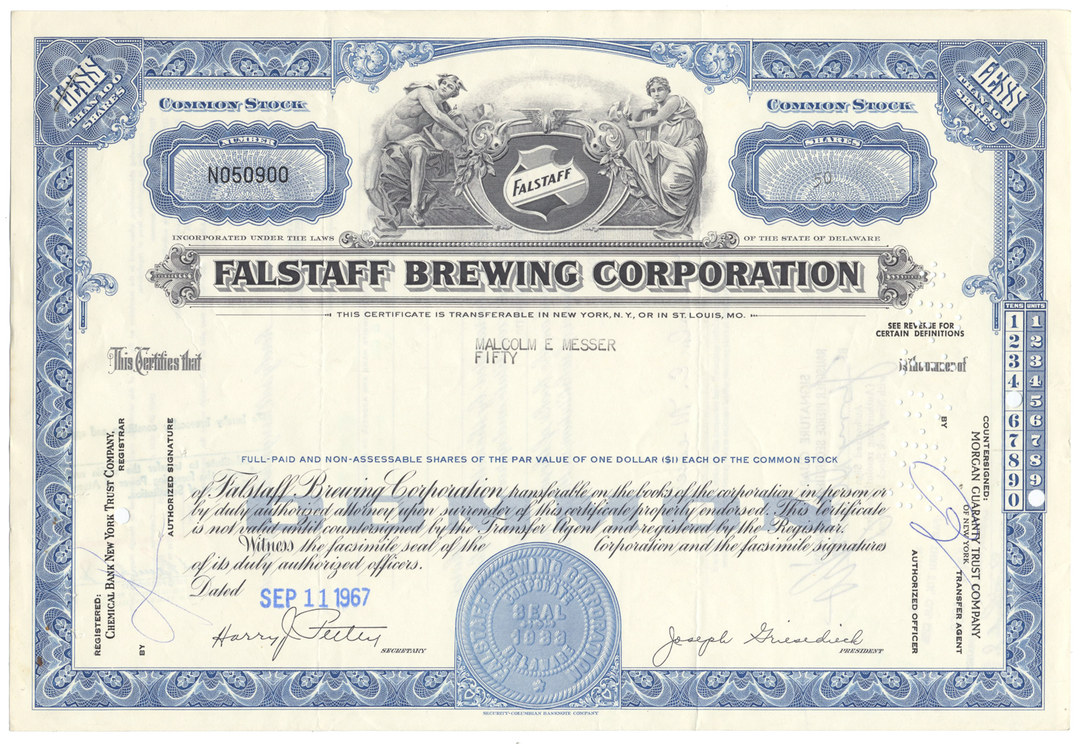 Falstaff Brewing Corporation Stock Certificate