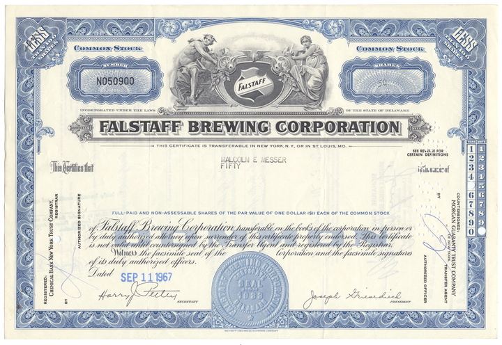 Falstaff Brewing Corporation Stock Certificate