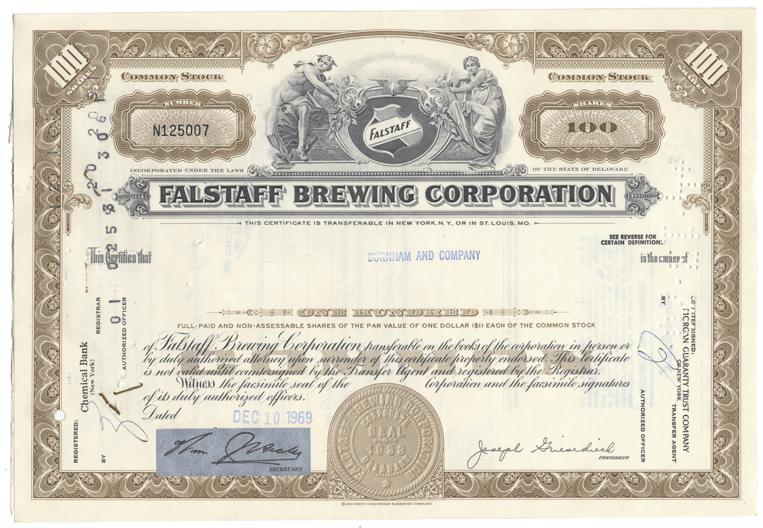 Falstaff Brewing Corporation stock certificate