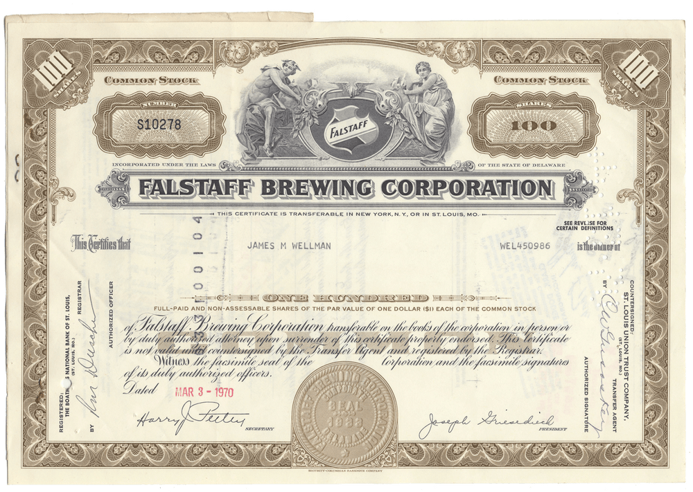 Falstaff Brewing Corporation stock certificate