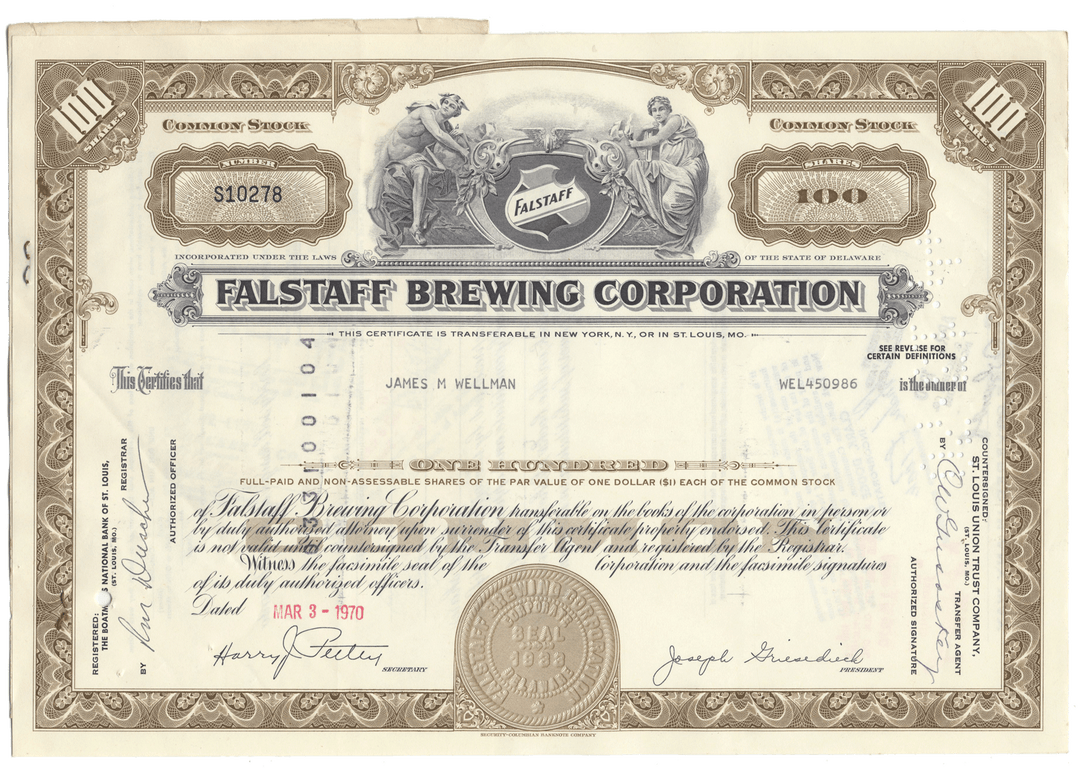 Falstaff Brewing Corporation stock certificate