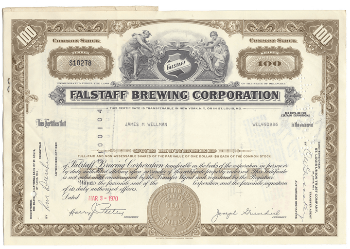 Falstaff Brewing Corporation stock certificate