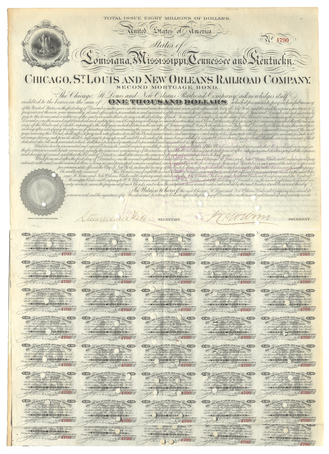 Chicago, St. Louis and New Orleans Railroad Company Bond Certificate Signed by Stuyvesant Fish