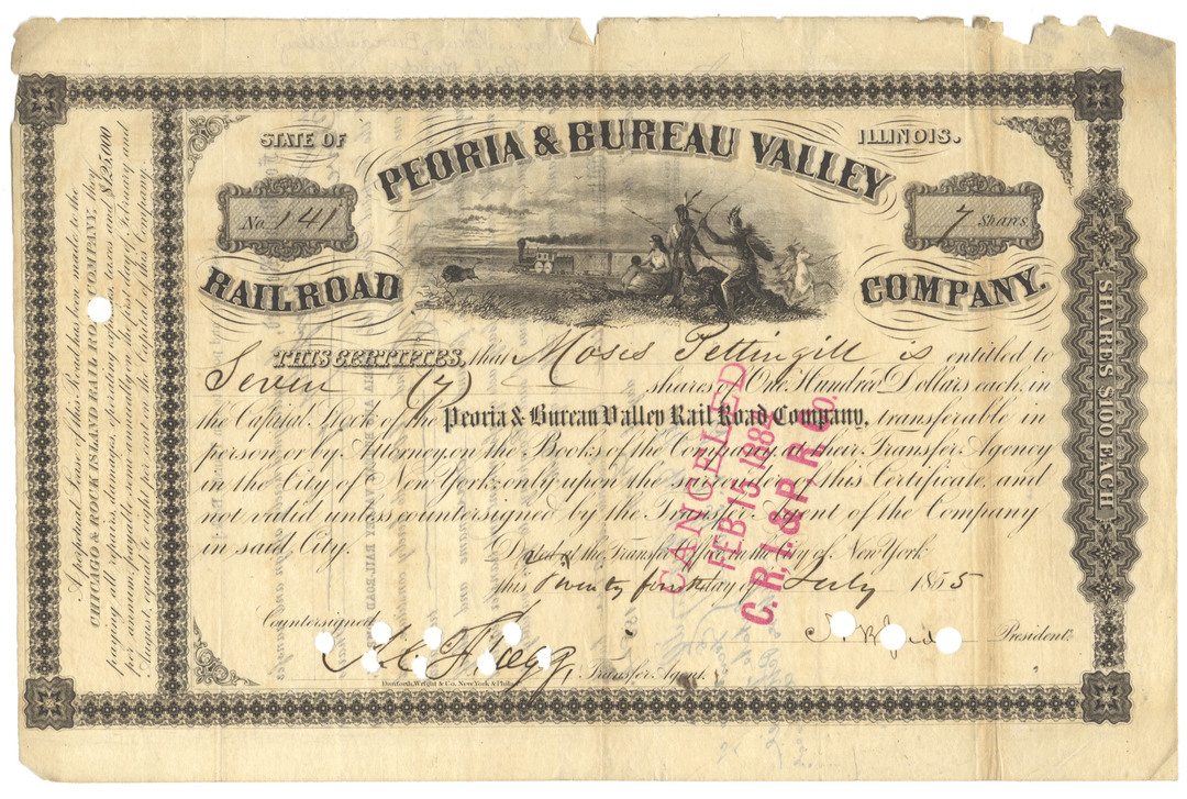 Peoria & Bureau Valley Railroad Company Stock Certificate Signed by Norman B. Judd
