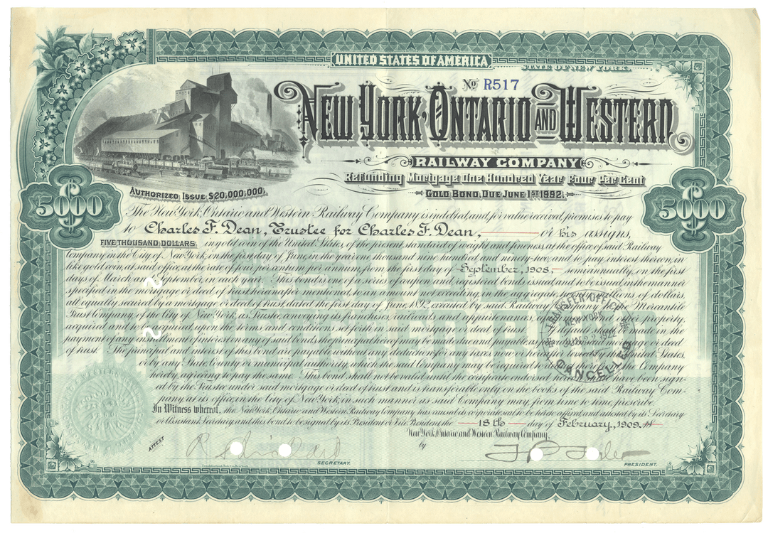 New York, Ontario and Western Railway Company Bond Certificate