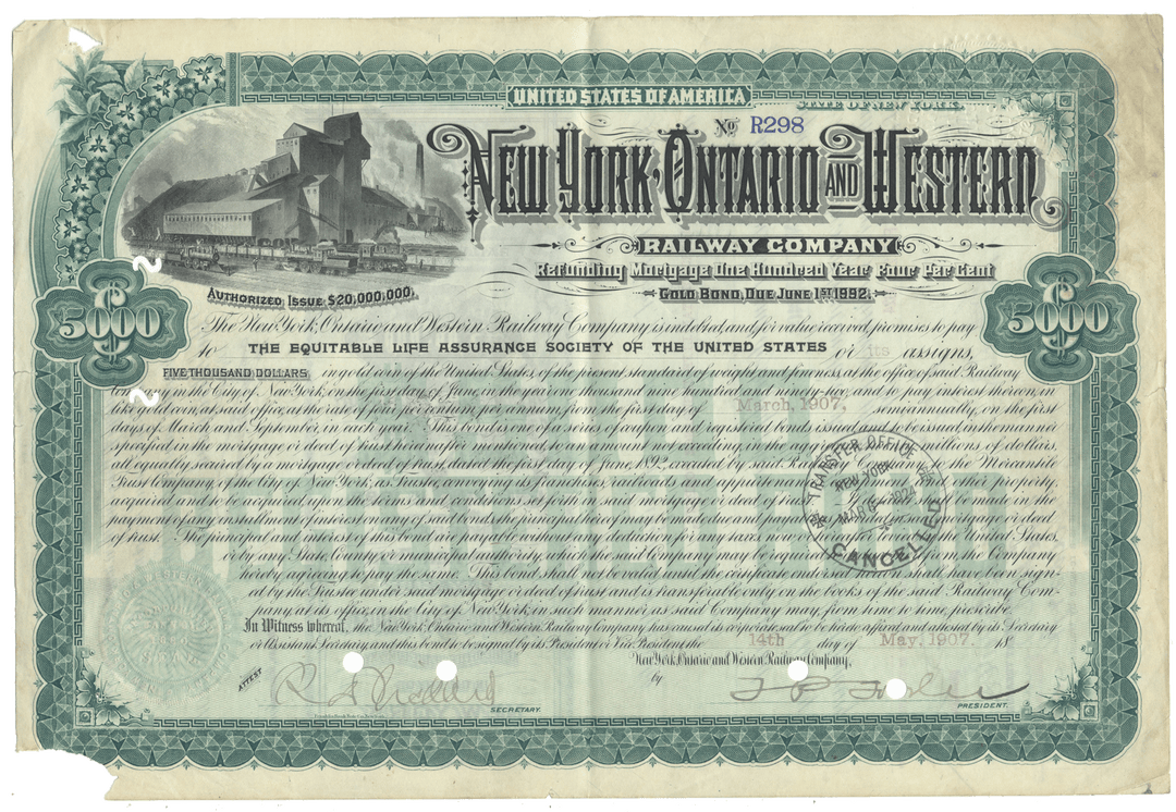 An antique 1907 New York, Ontario and Western Railway bond certificate, featuring  an illustration of a train at a mill.