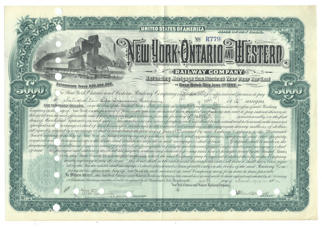 New York, Ontario and Western Railway Company bond certificate from 1924