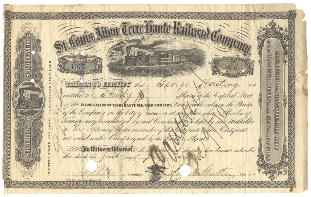 St. Louis, Alton and Terre Haute Railroad Company Stock Certificate