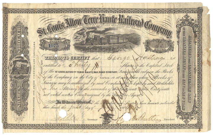 St. Louis, Alton and Terre Haute Railroad Company Stock Certificate