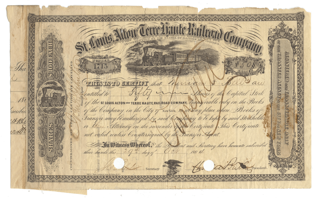 Vintage stock certificate from the St. Louis, Alton and Terre Haute Railroad Company with a train illustration.