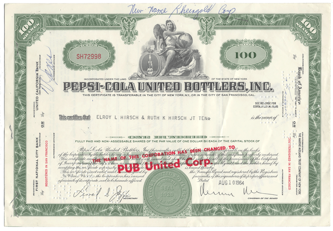 Pepsi-Cola United Bottlers, Inc. stock certificate with green and white design.