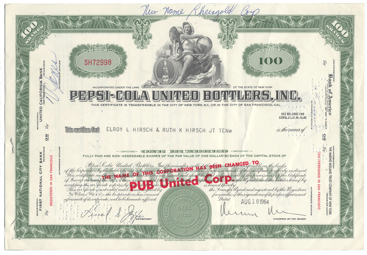 Pepsi-Cola United Bottlers, Inc. stock certificate with green and white design.