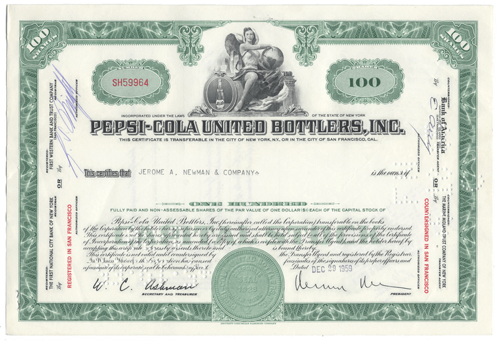 Pepsi-Cola United Bottlers, Inc. stock certificate with decorative elements