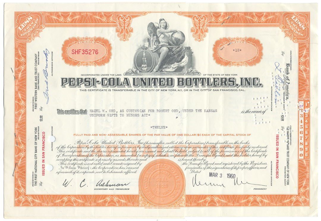 Pepsi-Cola United Bottlers, Inc. Stock Certificate