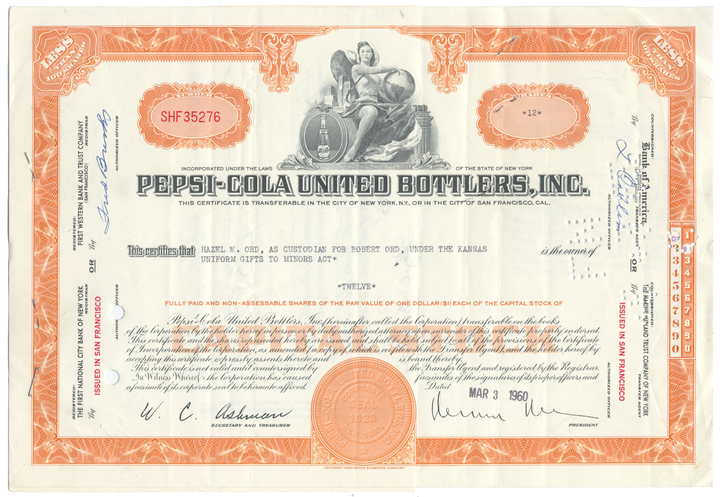 Pepsi-Cola United Bottlers, Inc. Stock Certificate