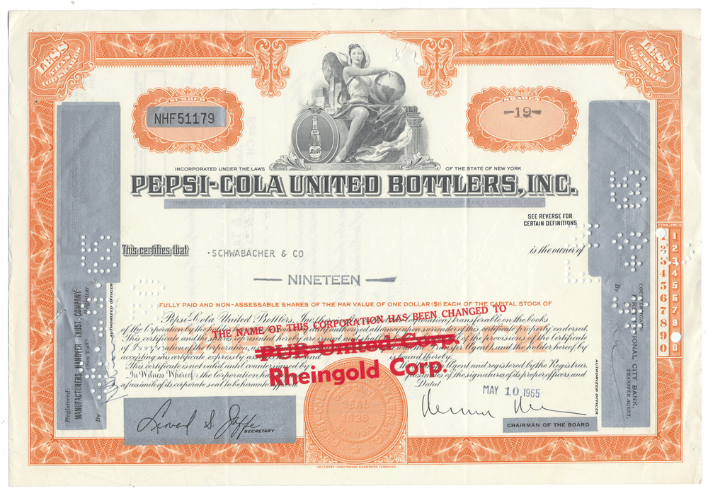 Vintage stock certificate for Pepsi-Cola United Bottlers, Inc. with decorative elements.