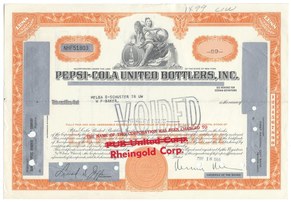 Vintage stock certificate for Pepsi-Cola United Bottlers, Inc.
